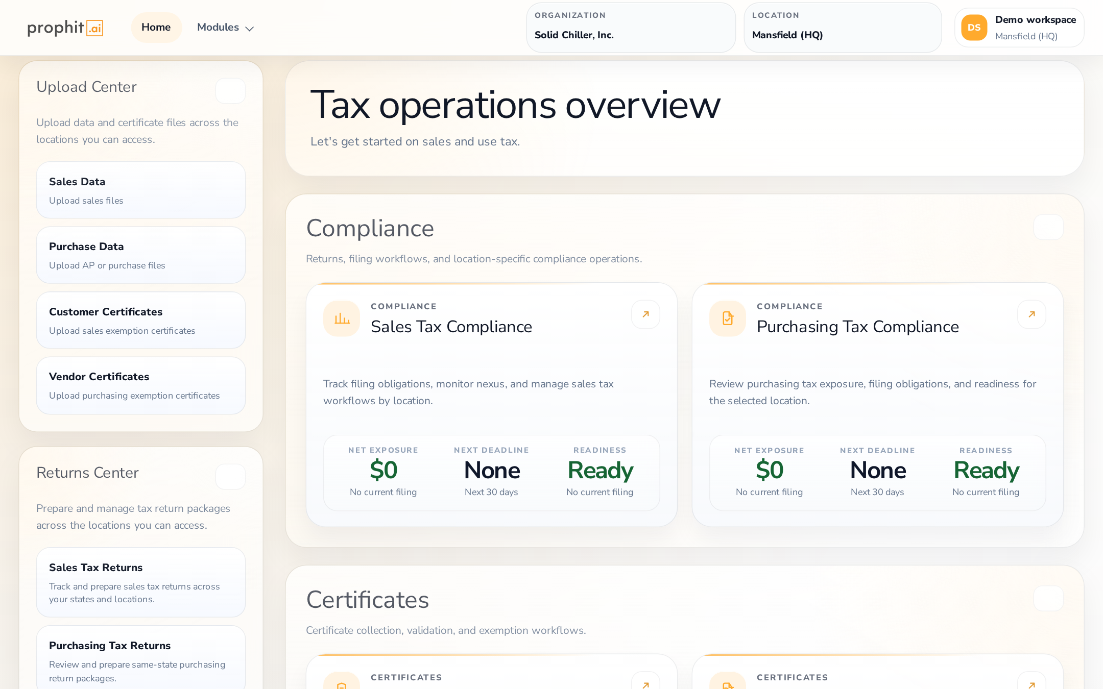 Desktop ITMS workspace showing upload, sales tax, purchasing tax, returns, and certificate operations