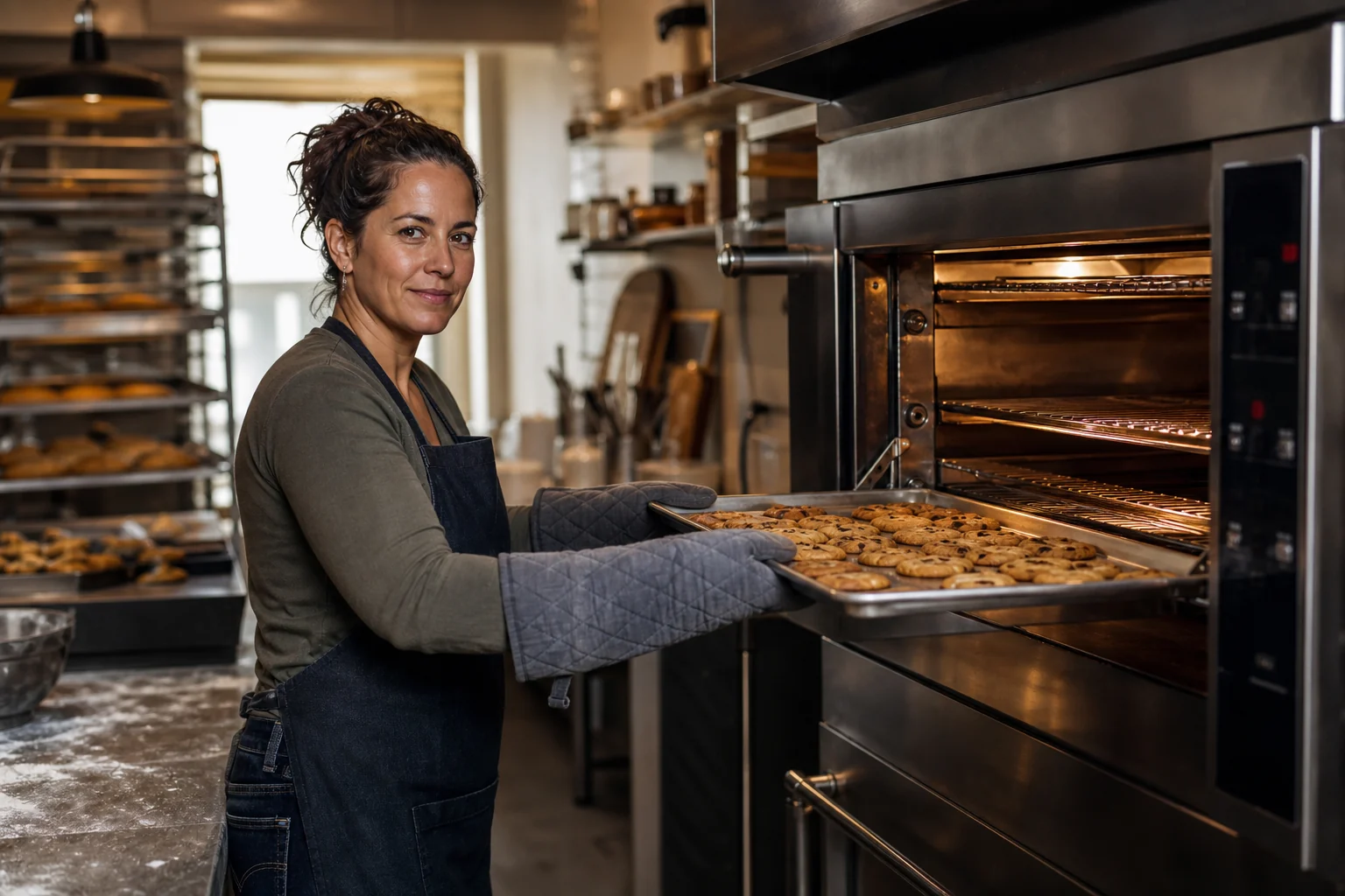 Independent bakery owner taking fresh cookies from the oven
